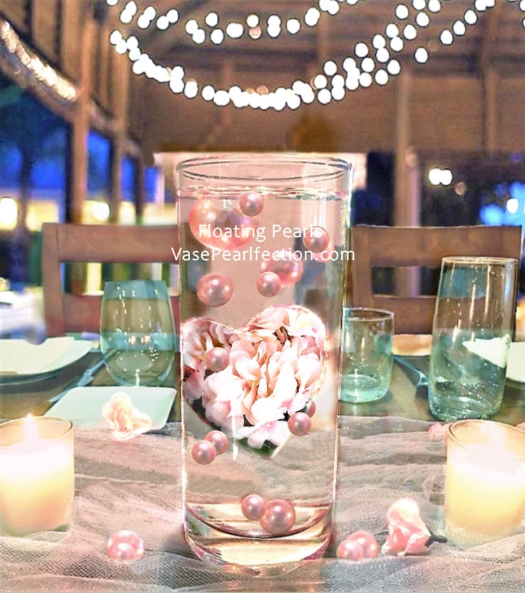 Grand Coeur "Flottant" Plein d'Hortensias Rose Clair & de Perles - Décorations de Vase