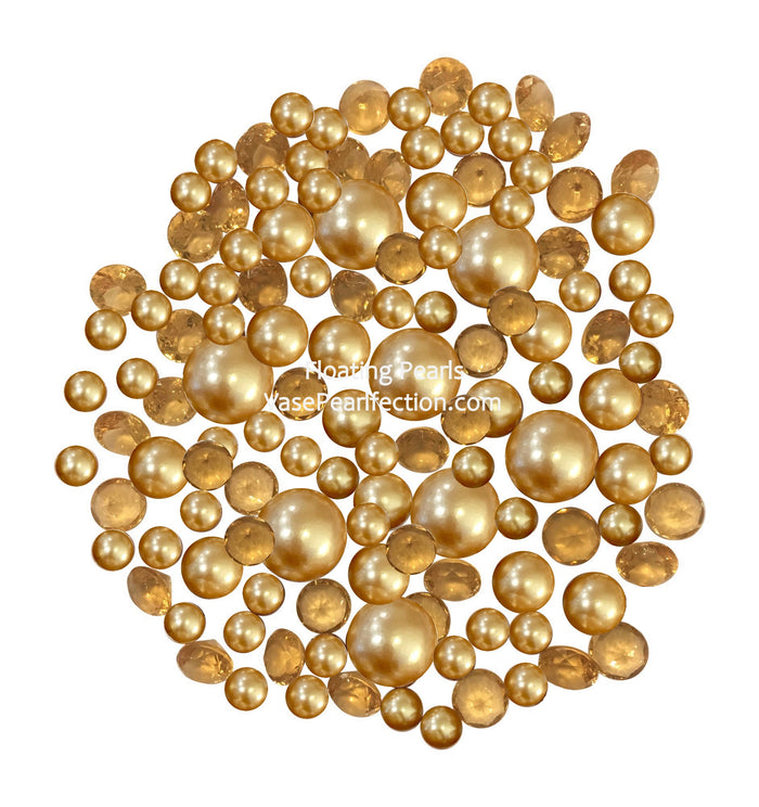 100 Floating Gold Pearls with Matching Gems- Large Sizes- Fills 2 Gallons of Transparent Floating Gels for Your Vases - With Gels Measured Prep Bags - Option of 6 Submersible Fairy Lights Strings