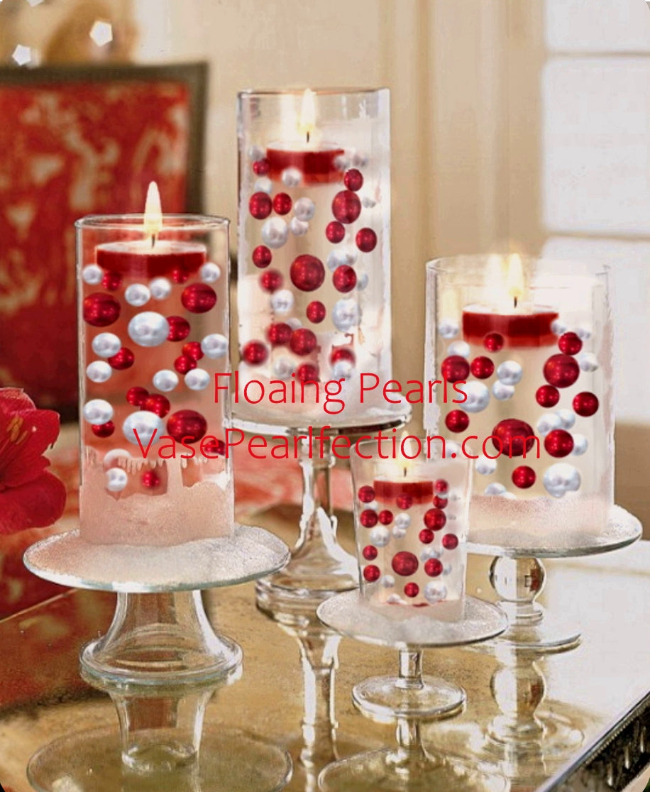 100 Floating Red Pearls and Sparkling Gems- Large Sizes- Option of 3 Submersible Fairy Lights Strings Hidable Submersible Batteries- 2 Gallons of Transparent Water Gels for Vases